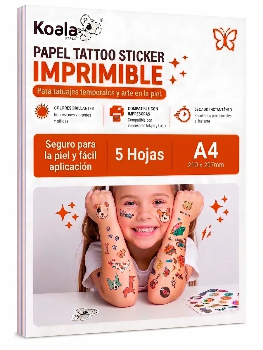 Tattoo Sticker — Papel para tatuajes temporales de calidad profesional, no tóxico y dermatológicamente probado. Fácil de aplicar y retirar, resistente al agua, compatible con impresoras inkjet y láser.
