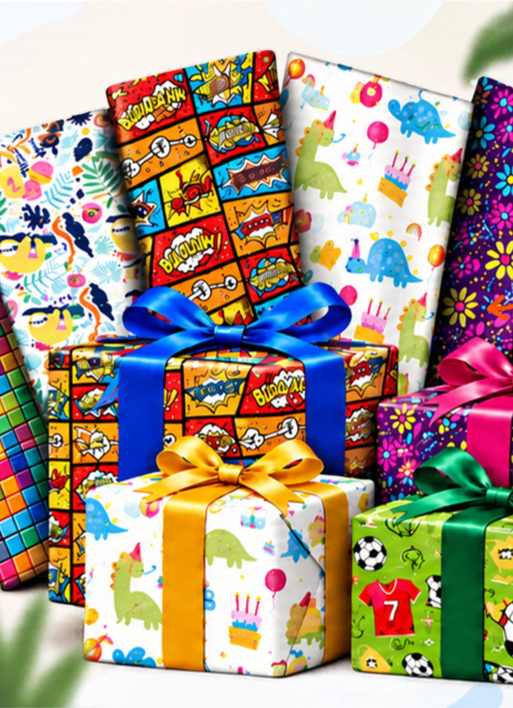 Rollos y cajas de papel de regalo: diseños de cómic, dinosaurios, deportes, flores y mosaico de colores - Mundi Chicle Costa Rica