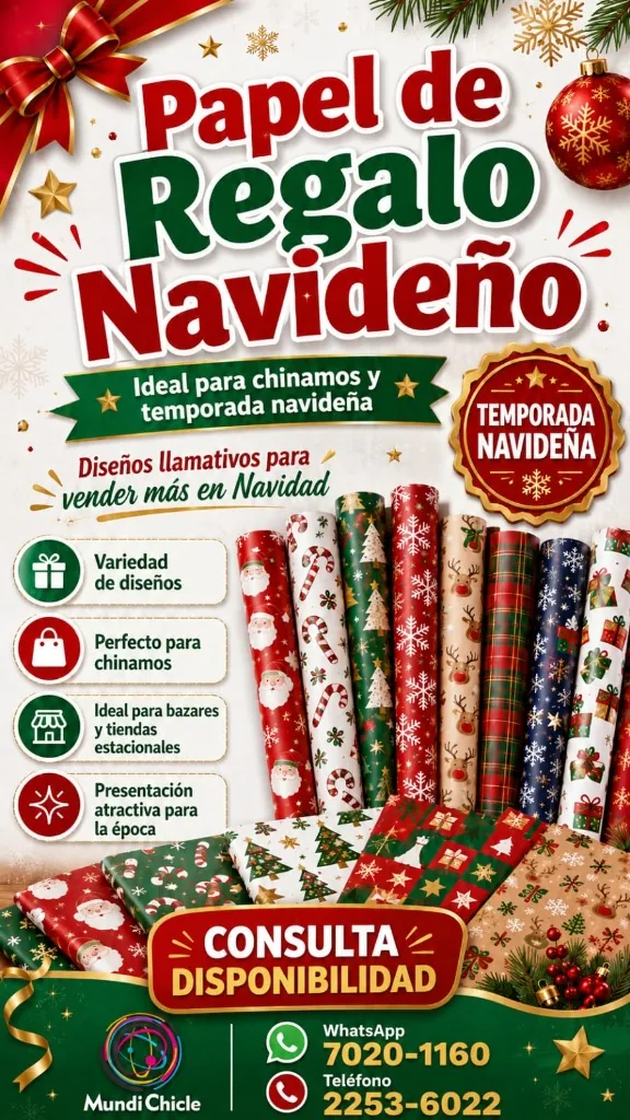 Papel de Regalo Navideño Mundi Chicle - Preventa Temporada Navideña