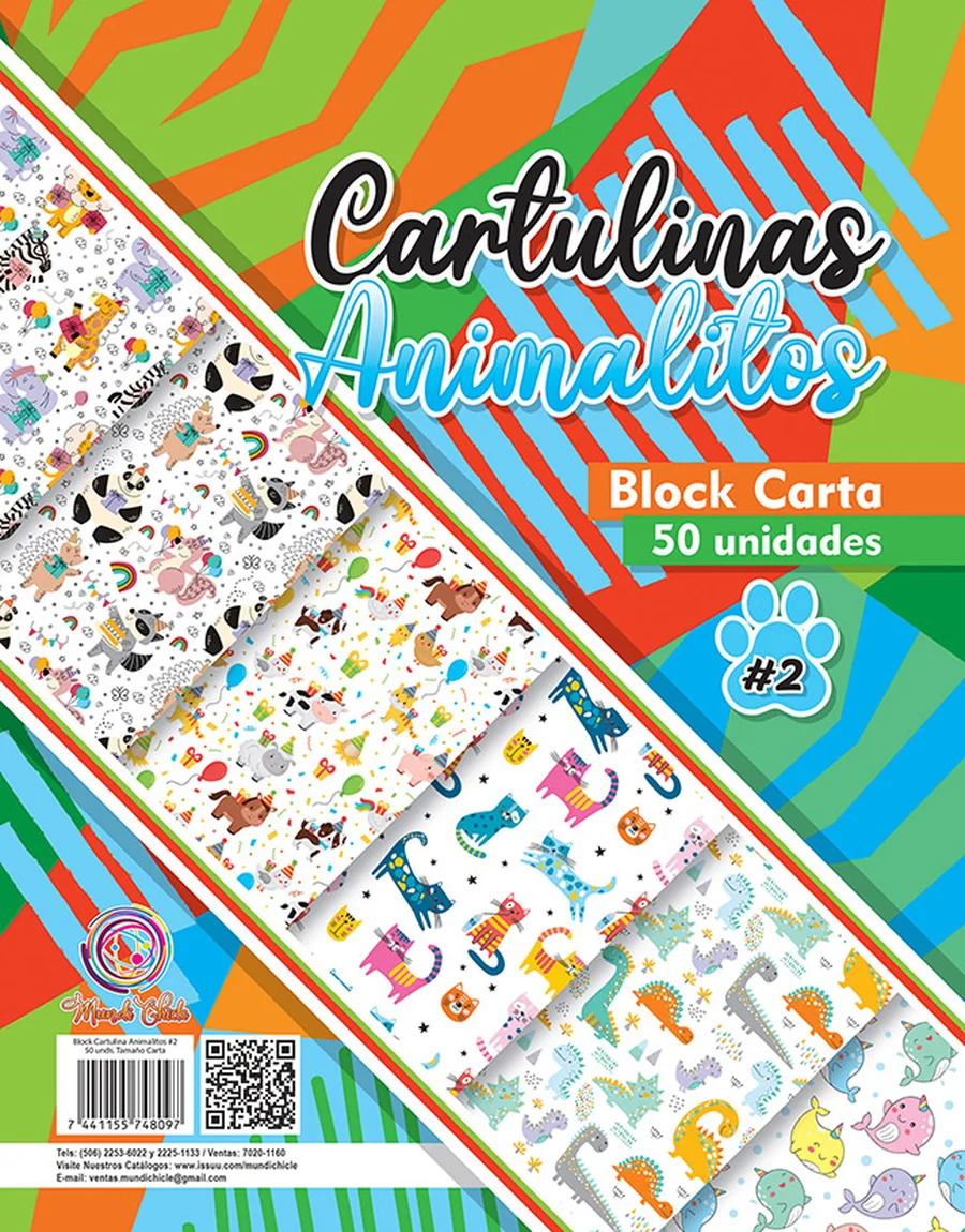 Block Estampado Animalitos #2 — Block de cartulina estampada tamaño carta, diseño "Animalitos #2", ideal para manualidades, forrado de cuadernos y proyectos escolares.