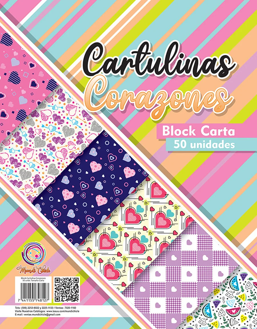 Block Estampado Corazones — Block de cartulina estampada tamaño carta, diseño "Corazones", ideal para manualidades, forrado de cuadernos y proyectos escolares.