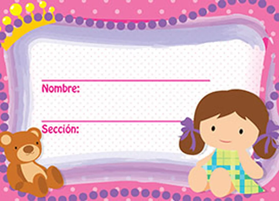 Gafete Escolar Muñequita — Gafete escolar decorativo con diseño de muñequita, ideal para identificación de estudiantes.