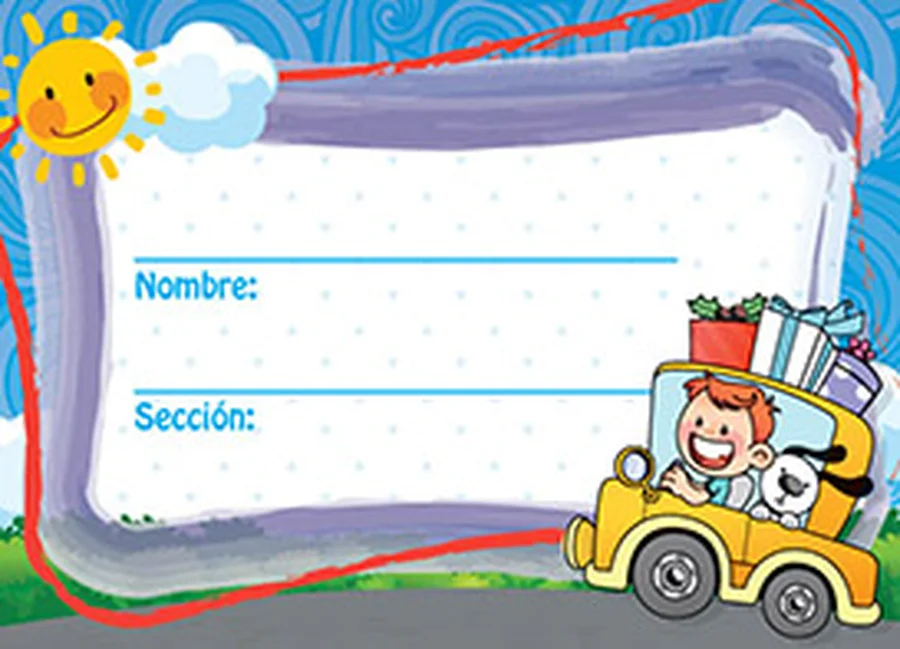 Gafete Escolar Carrito — Gafete escolar decorativo con diseño de carrito, ideal para identificación de estudiantes.