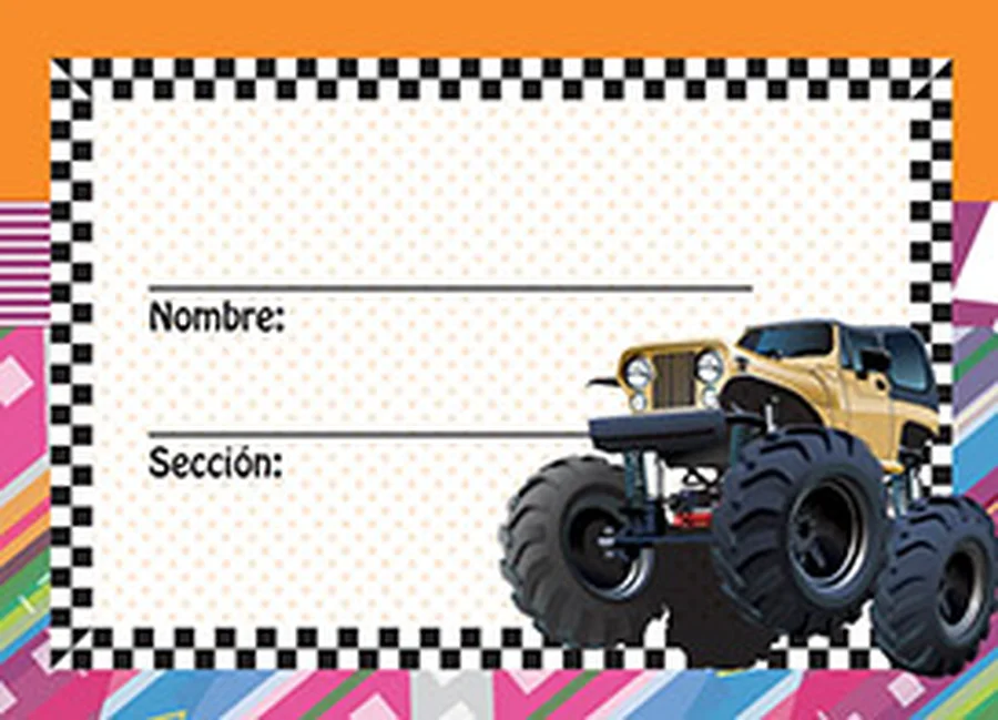 Gafete Escolar Monster truck — Gafete escolar decorativo con diseño de monster truck, ideal para identificación de estudiantes.
