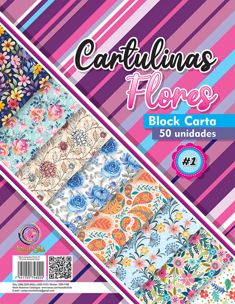 Block Estampado Flores #1 — Block de cartulina estampada tamaño carta, diseño "Flores #1", ideal para manualidades, forrado de cuadernos y proyectos escolares.