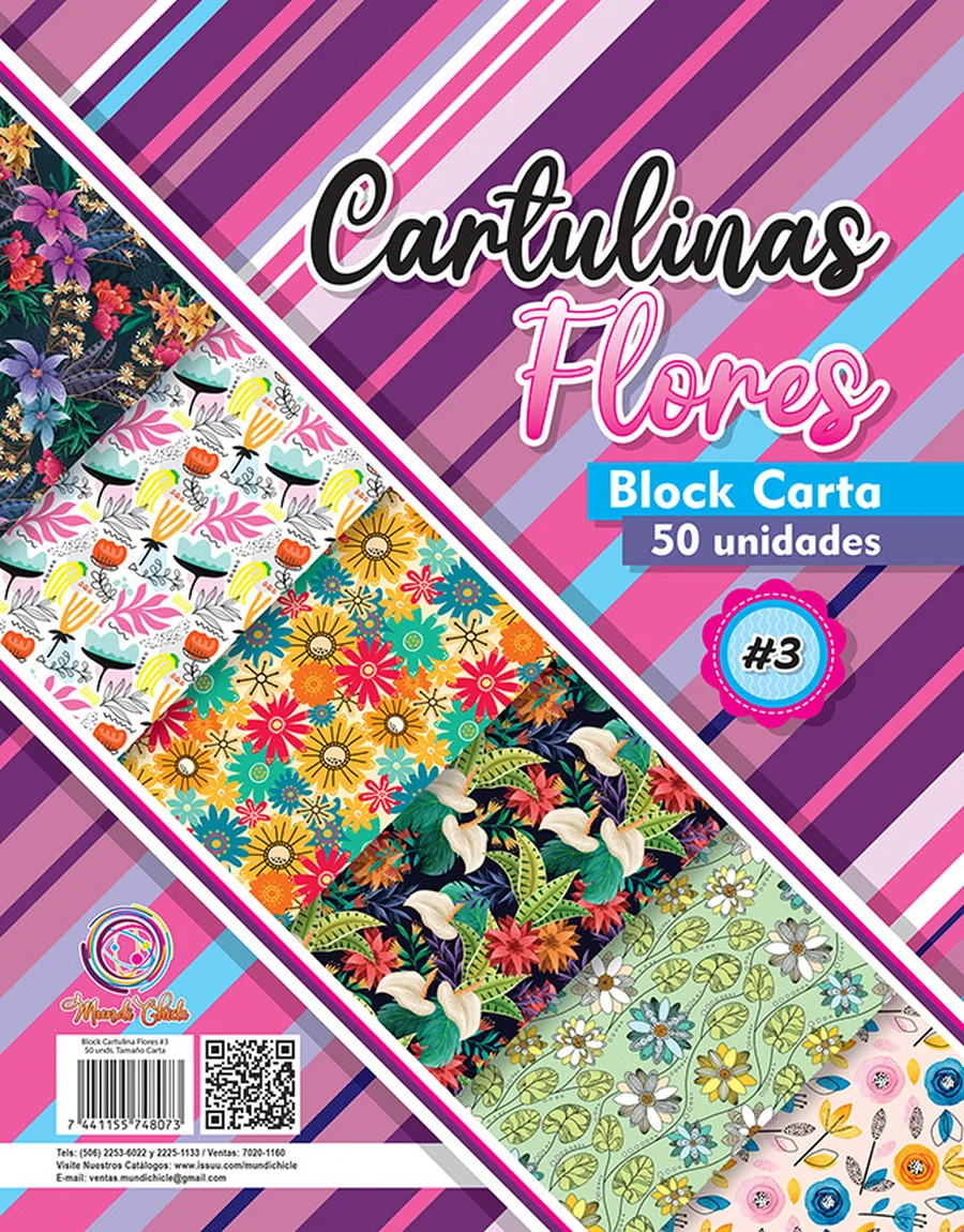 Block Estampado Flores #3 — Block de cartulina estampada tamaño carta, diseño "Flores #3", ideal para manualidades, forrado de cuadernos y proyectos escolares.