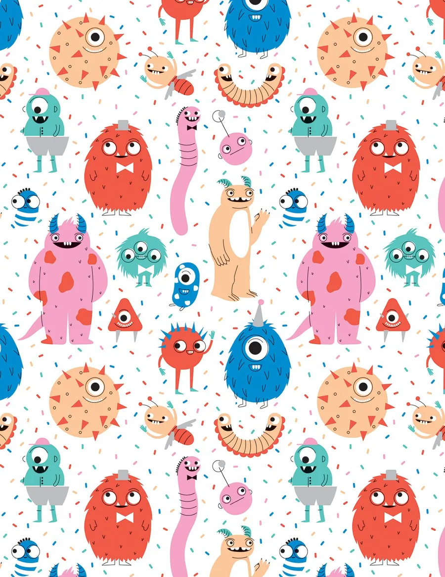 Monsters — Monstruitos simpáticos de colores con confeti sobre fondo blanco.