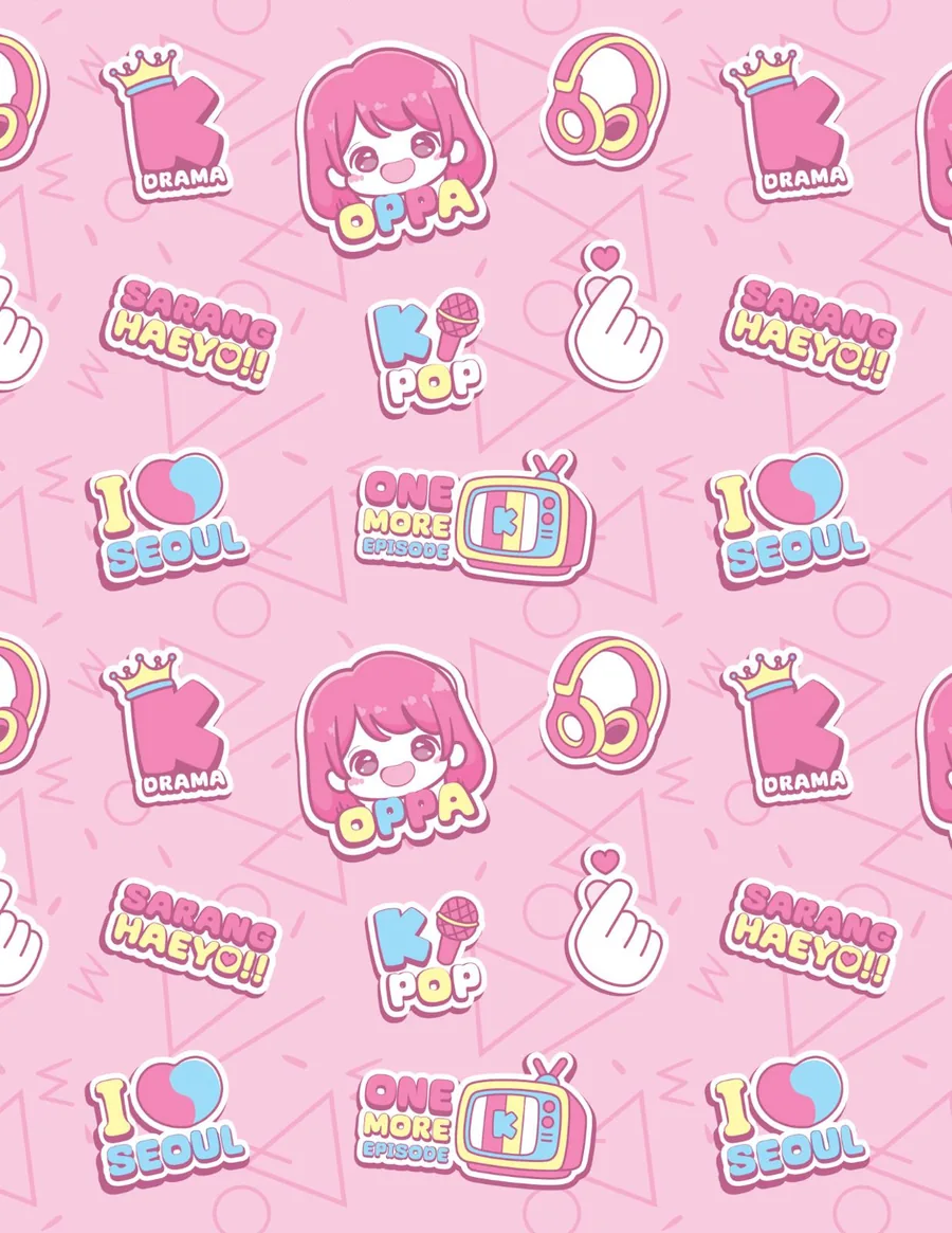 K-Drama 01 — Stickers de K-pop y K-drama sobre fondo rosado. Para público adolescente.
