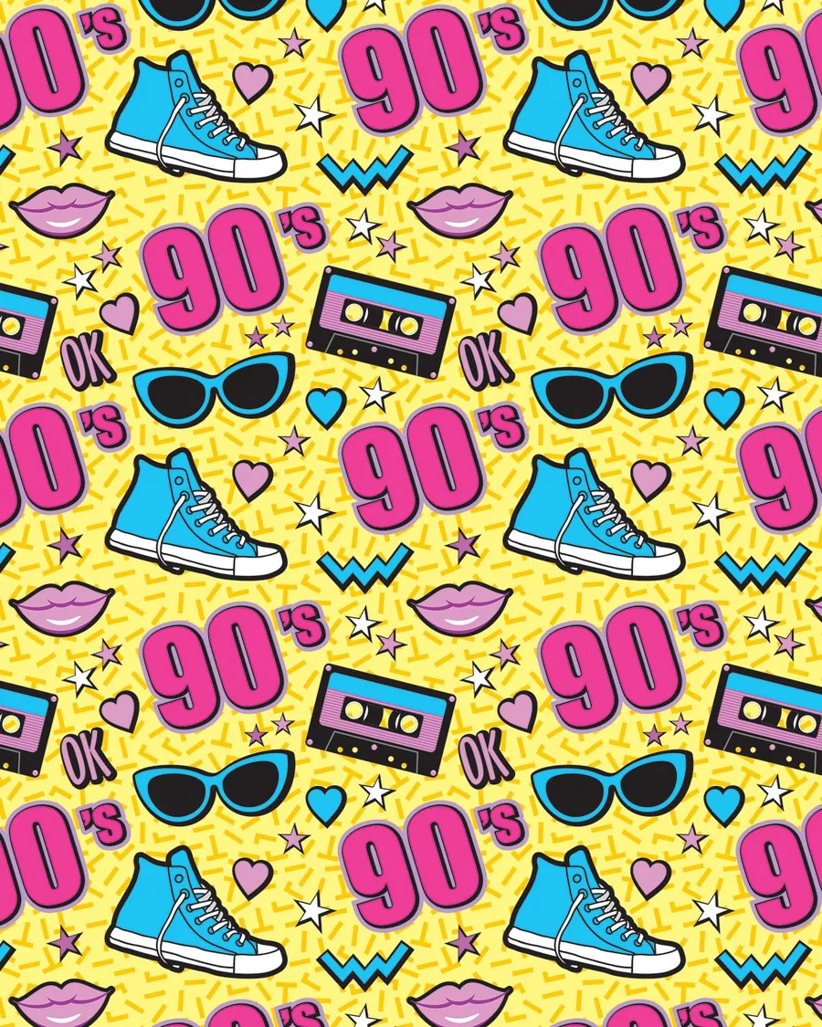 Los 90s — Cassettes, tenis altos y lentes de sol en amarillo y fucsia. Estética noventera.