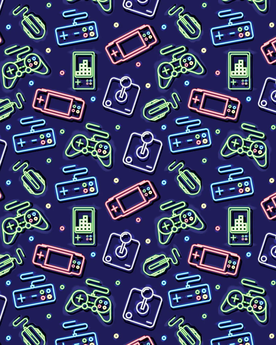 Neón Games — Controles y consolas en trazo neón sobre fondo azul oscuro. Temática gamer.