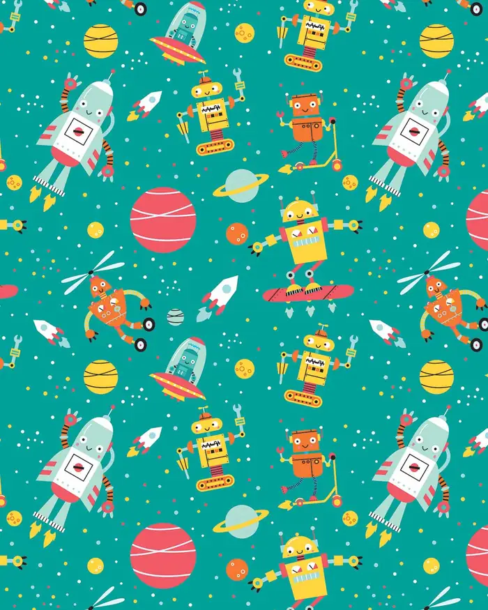 Robots en el Espacio — Papel de regalo con motivo de robots en el espacio, pensado para destacar en tu vitrina.