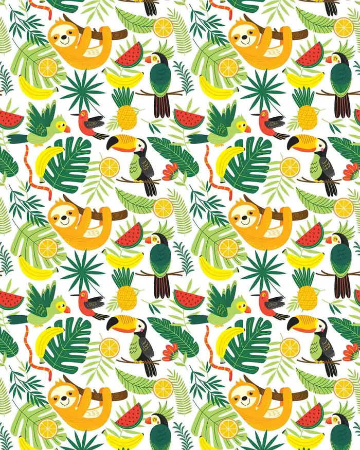 Perezosos y Frutas — Papel de regalo con motivo de perezosos y frutas, perfecto para envolver cualquier regalo.