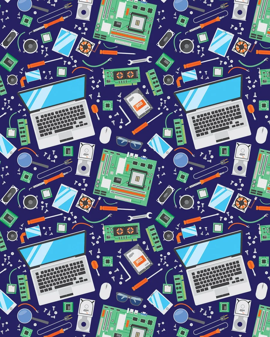 Computación — Laptops, tarjetas madre y herramientas sobre fondo azul. Para regalos tech.