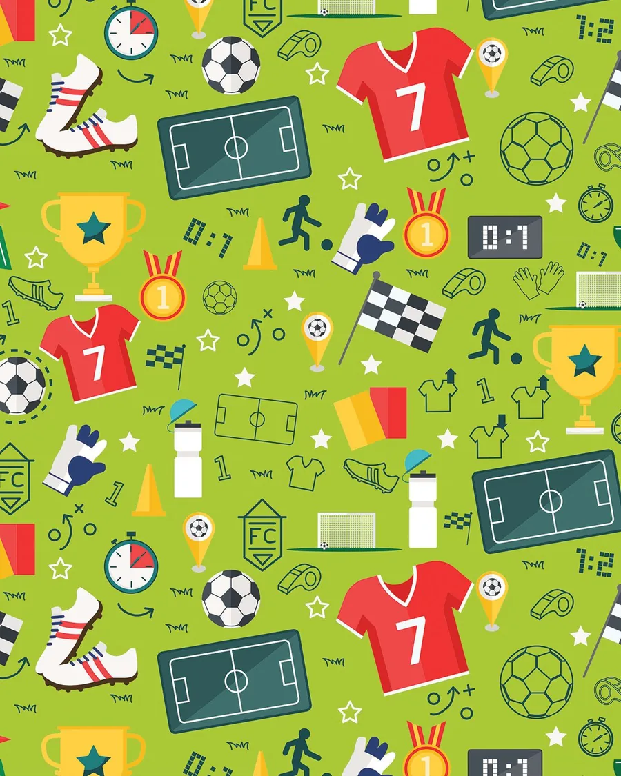 Fútbol — Balones, camisetas, trofeos y cancha sobre fondo verde.