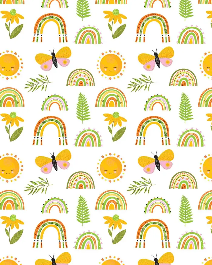 Arcoiris y Soles — Papel de regalo con motivo de arcoiris y soles, perfecto para envolver cualquier regalo.