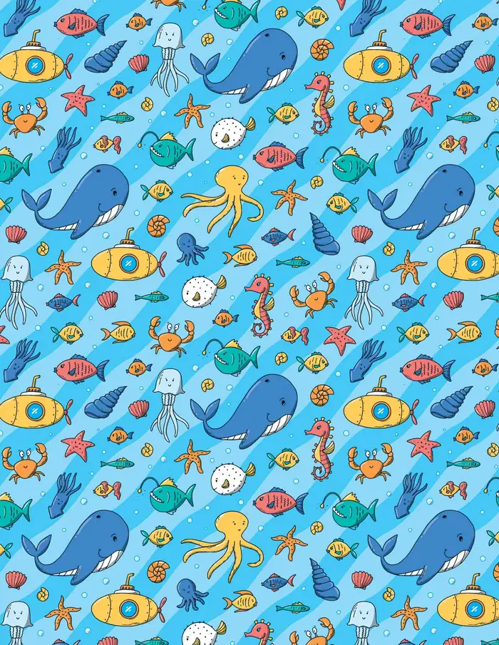 Peces y Submarinos — Papel de regalo con motivo de peces y submarinos, perfecto para envolver cualquier regalo.