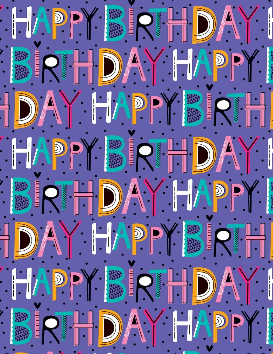 Happy Birthday — Lettering Happy Birthday multicolor sobre fondo lila. Directo al punto.