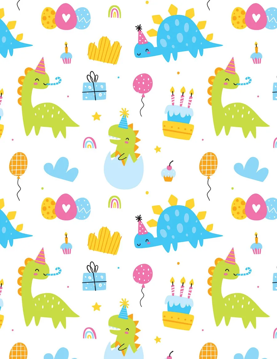 Dinos de Fiesta — Dinosaurios con gorritos de fiesta, pasteles y globos sobre fondo blanco.