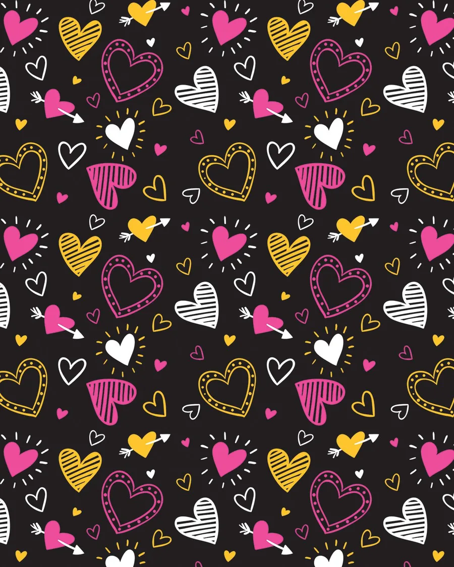 Corazones y Flechas — Corazones fucsia, amarillo y blanco sobre fondo negro. Alto contraste.