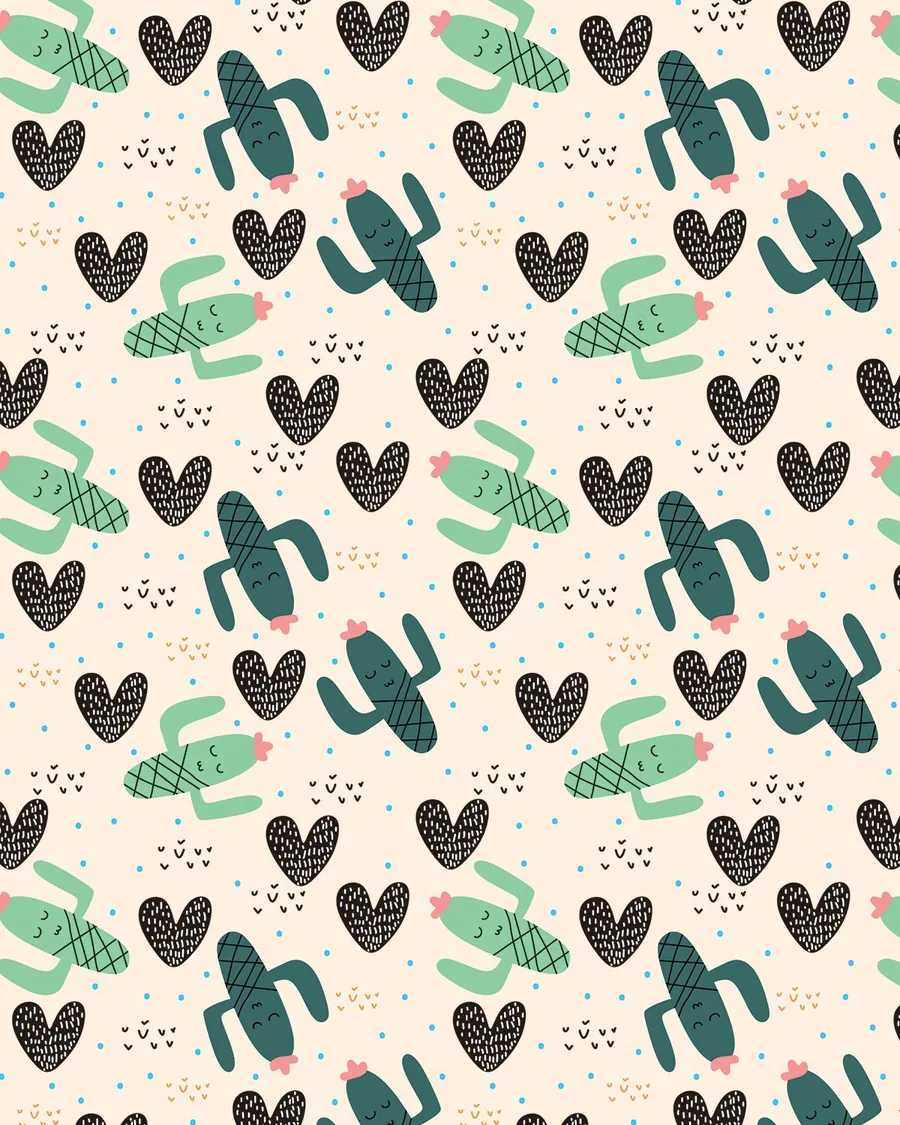 Corazones y Cactus — Cactus con caritas y corazones de línea sobre fondo crema.