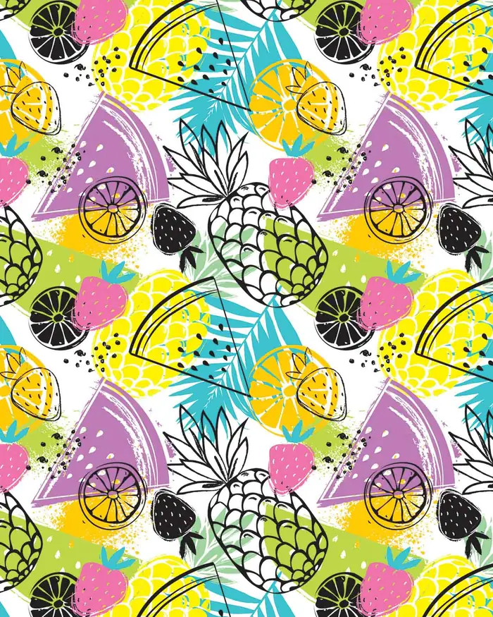 Frutas Multicolor — Papel de regalo con motivo de frutas multicolor, perfecto para envolver cualquier regalo.
