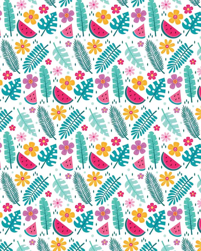 Flores y Frutas Tropicales — Papel de regalo con motivo de flores y frutas tropicales, perfecto para envolver cualquier regalo.