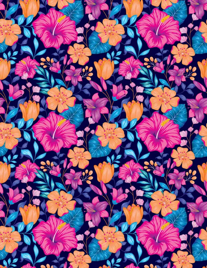 Flores y Hojas Coloridas — Papel de regalo con motivo de flores y hojas coloridas, un diseño versátil para tu negocio.