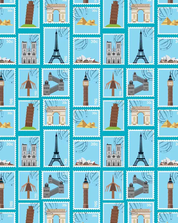 Sellos Postales — Papel de regalo con motivo de sellos postales, disponible en nuestra colección de papel de regalo.
