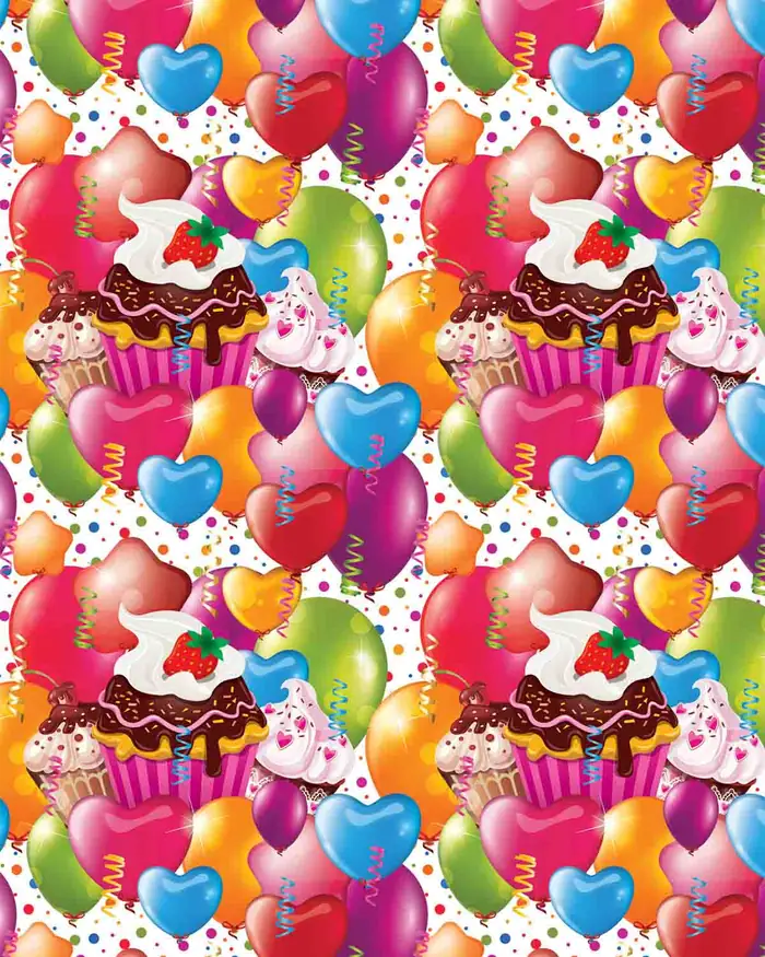 Globos y Cupcakes — Papel de regalo con motivo de globos y cupcakes, disponible en nuestra colección de papel de regalo.