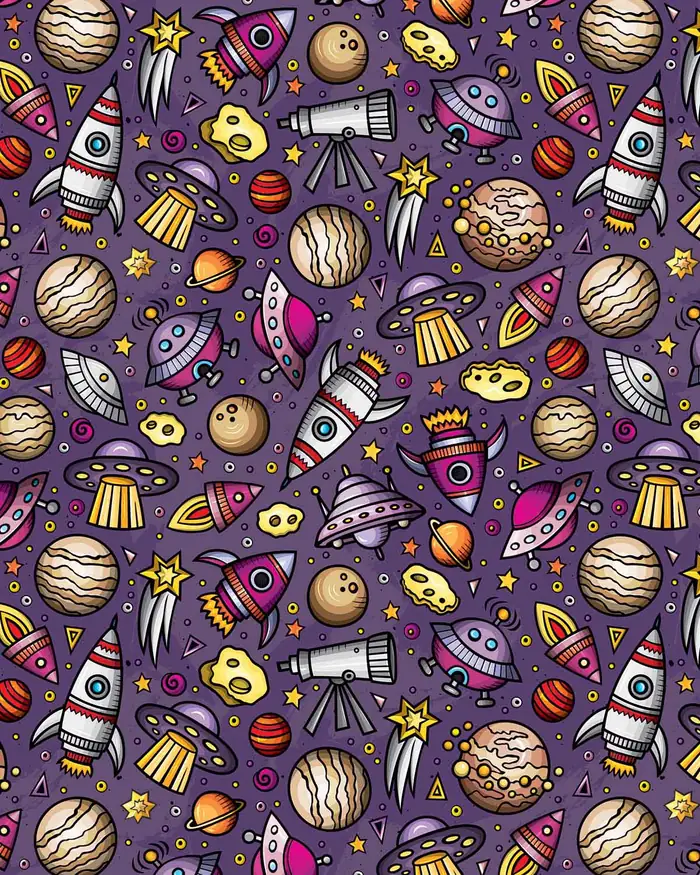 Naves y Planetas — Papel de regalo con motivo de naves y planetas, disponible en nuestra colección de papel de regalo.