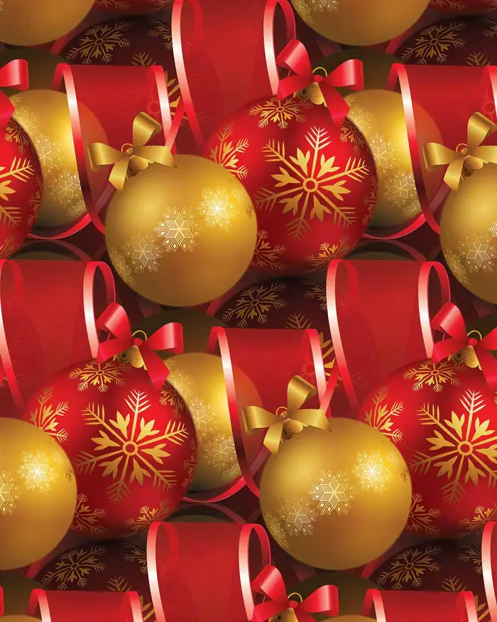 Esferas y cintas — Papel de regalo navideño con motivo de esferas y cintas, ideal para regalos navideños.