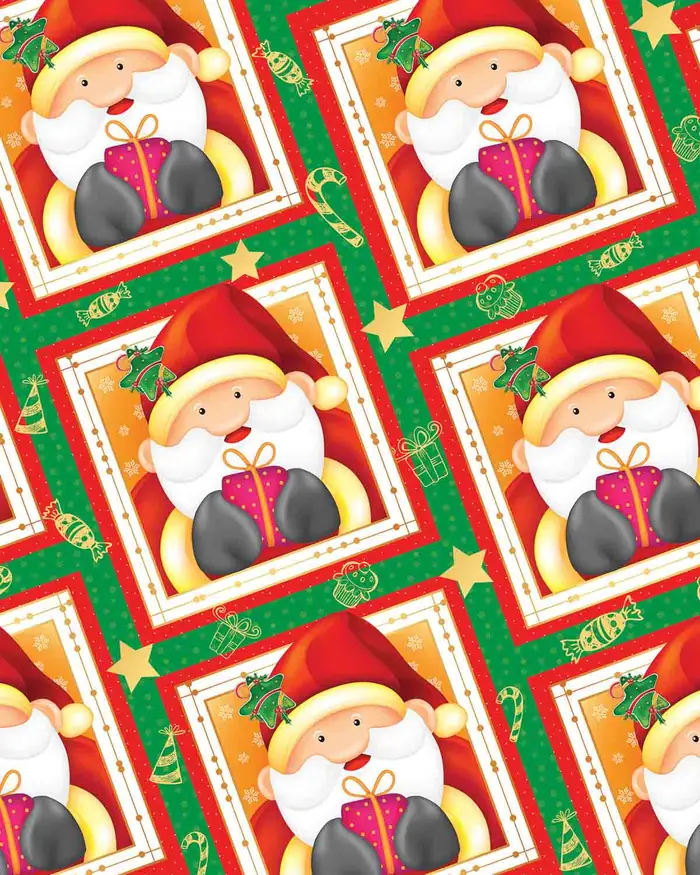 Santa y regalito — Papel de regalo navideño con motivo de santa y regalito, disponible en nuestra colección navideña de papel de regalo.