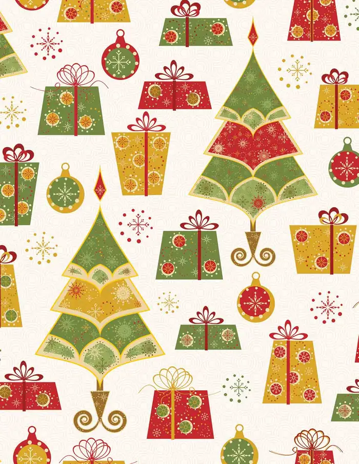 Arbolitos y cajas — Papel de regalo navideño con motivo de arbolitos y cajas, un diseño festivo para tu negocio en temporada.
