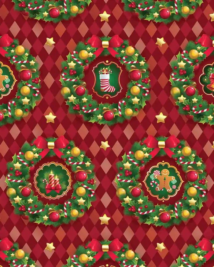 Coronas y adornos — Papel de regalo navideño con motivo de coronas y adornos, pensado para destacar en tu vitrina navideña.