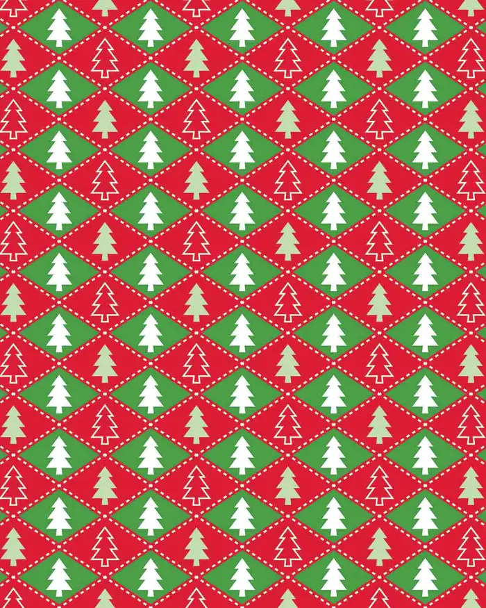 Arboles y rombos VERDE - ROJO — Papel de regalo navideño con motivo de arboles y rombos verde - rojo, disponible en nuestra colección navideña de papel de regalo.