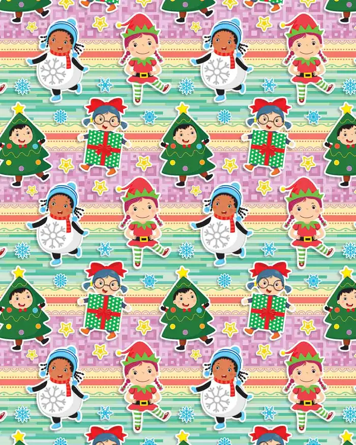 Niños navideños — Papel de regalo navideño con motivo de niños navideños, perfecto para envolver los regalos de esta Navidad.
