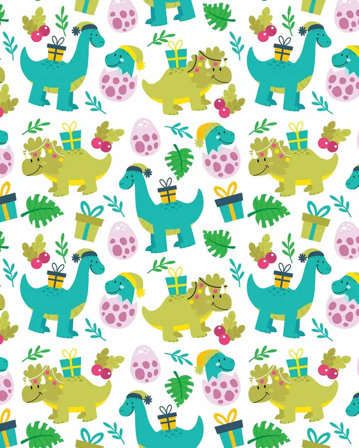 Dinosaurios navideños — Papel de regalo navideño con motivo de dinosaurios navideños, disponible en nuestra colección navideña de papel de regalo.