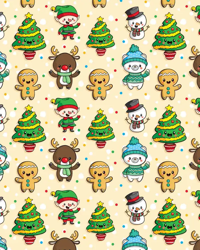 Muñequitos navideños — Papel de regalo navideño con motivo de muñequitos navideños, un diseño festivo para tu negocio en temporada.