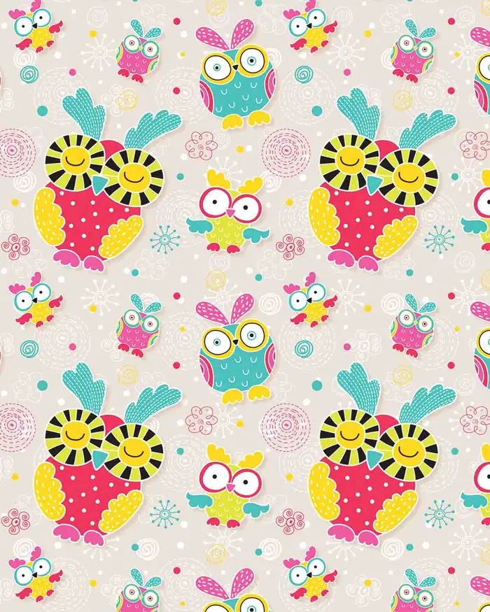 Buhos Coloridos — Papel de regalo con motivo de buhos coloridos, un diseño versátil para tu negocio.