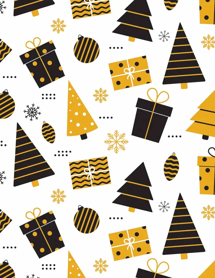 Regalos y arbolitos dorados — Papel de regalo navideño con motivo de regalos y arbolitos dorados, un diseño festivo para tu negocio en temporada.
