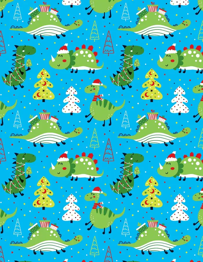 Dinosaurios navideños — Papel de regalo navideño con motivo de dinosaurios navideños, perfecto para envolver los regalos de esta Navidad.