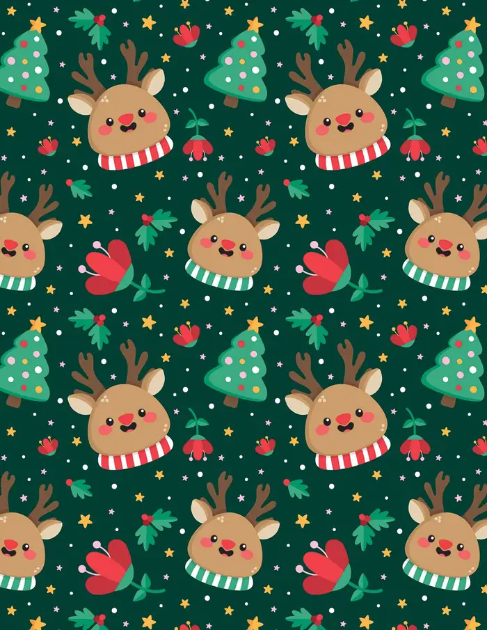 Renos y arboles — Papel de regalo navideño con motivo de renos y arboles, ideal para regalos navideños.