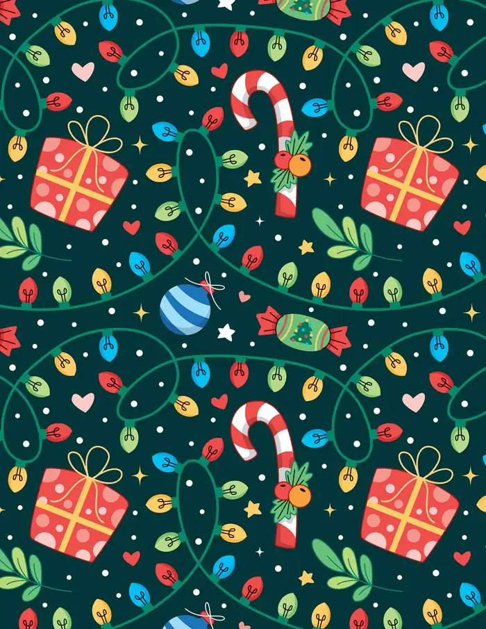 Luces y regalos — Papel de regalo navideño con motivo de luces y regalos, perfecto para envolver los regalos de esta Navidad.