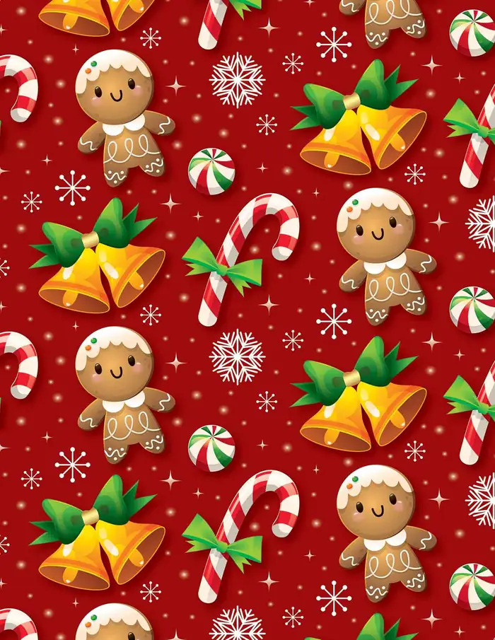 Galletas y bastones — Papel de regalo navideño con motivo de galletas y bastones, disponible en nuestra colección navideña de papel de regalo.