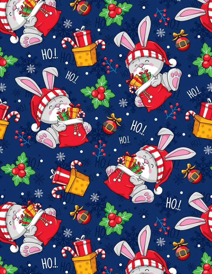 Conejos y regalos — Papel de regalo navideño con motivo de conejos y regalos, un diseño festivo para tu negocio en temporada.
