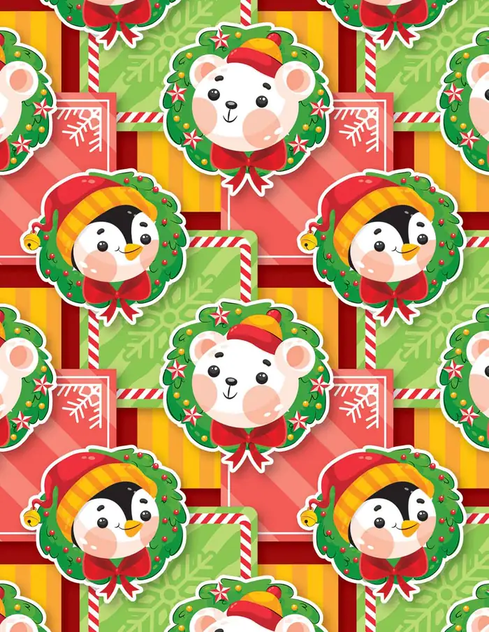 Animalitos y coronas — Papel de regalo navideño con motivo de animalitos y coronas, perfecto para envolver los regalos de esta Navidad.