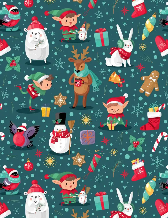 Animales y elfos — Papel de regalo navideño con motivo de animales y elfos, disponible en nuestra colección navideña de papel de regalo.