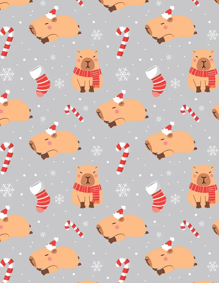 Capibaras navideños — Papel de regalo navideño con motivo de capibaras navideños, disponible en nuestra colección navideña de papel de regalo.