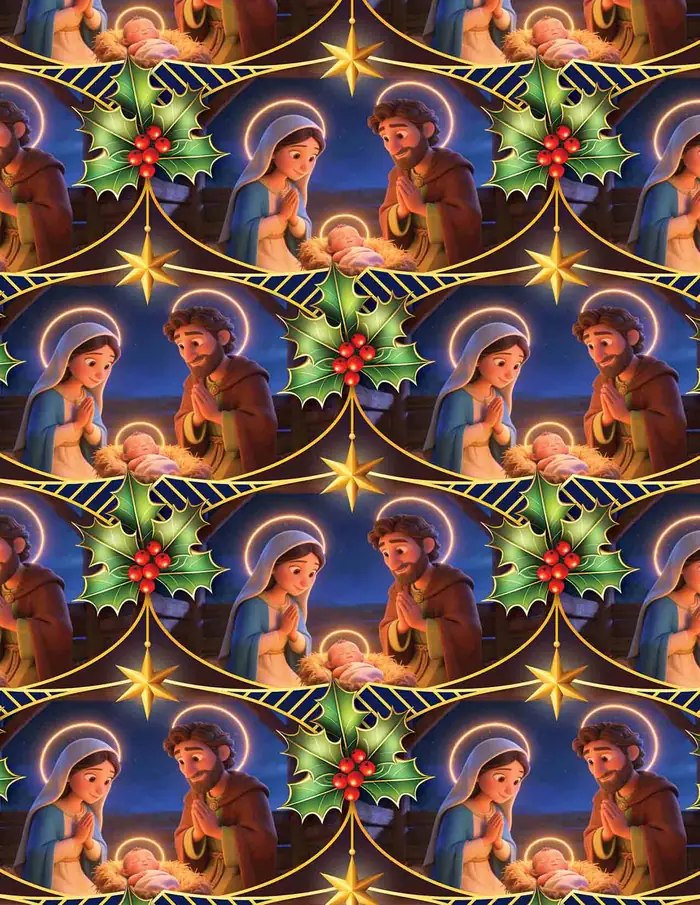 Amor en el pesebre — Papel de regalo navideño con motivo de amor en el pesebre, ideal para regalos navideños.