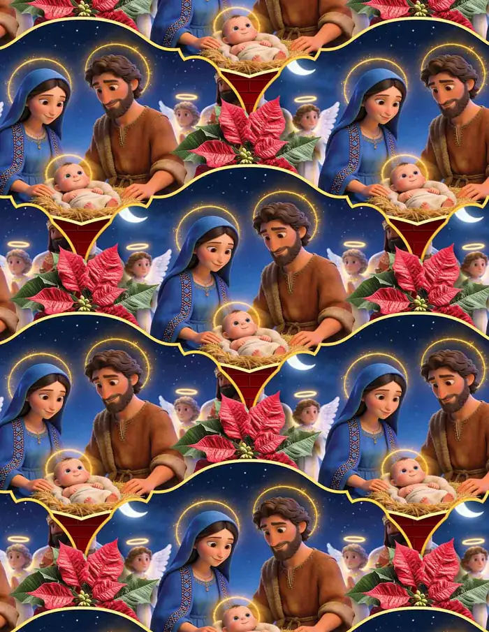 Nacimiento y angeles — Papel de regalo navideño con motivo de nacimiento y angeles, disponible en nuestra colección navideña de papel de regalo.
